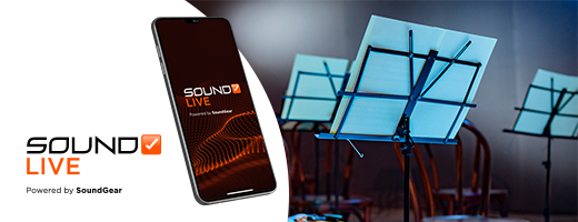 SoundCheck Live logo next to a smartphone and music stands holding sheet music